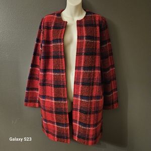 Max Studio Open Front Red Plaid Wool Blend Cost Cardigan